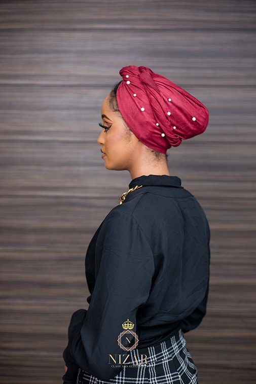 Suede Pearled Turban-Maroon