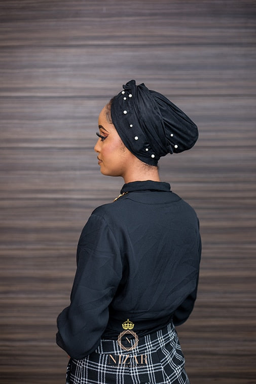 Suede Pearled Turban-Black