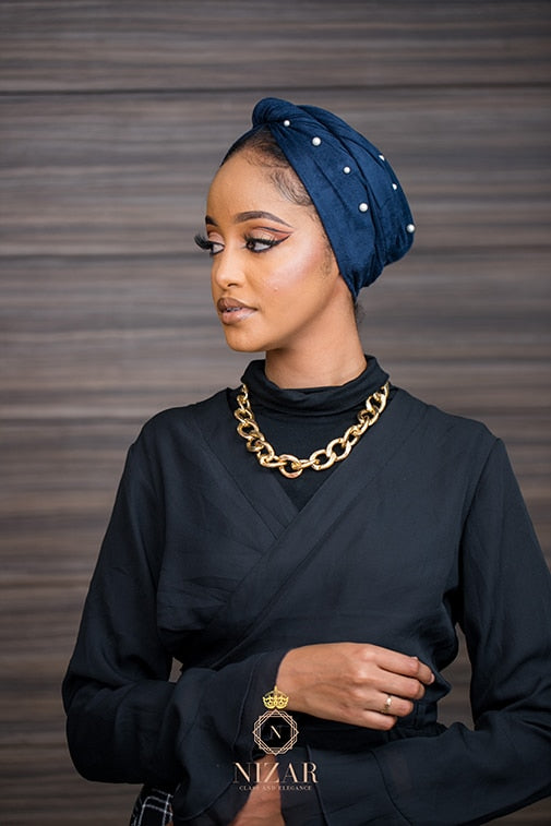 Suede Pearled Turban-Navy Blue