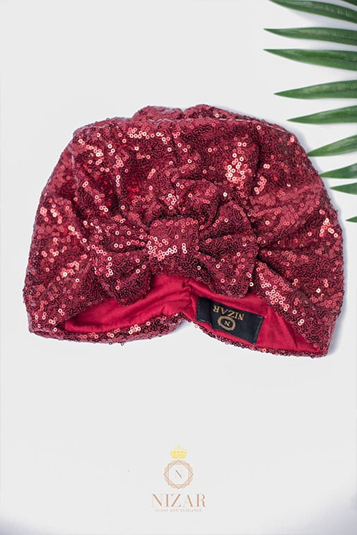 Sequin Turban With Bow-Maroon